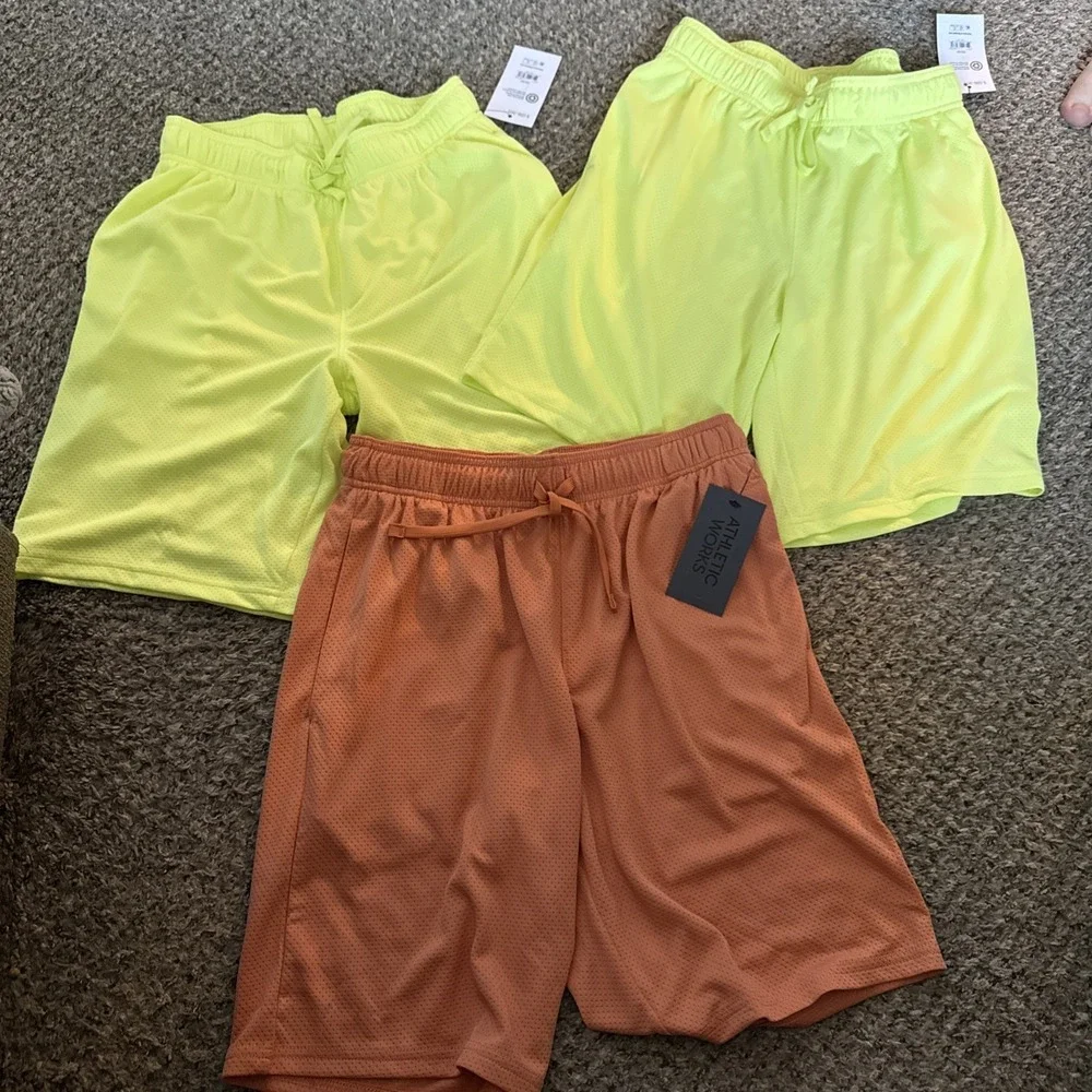 3 Athletic Works Men's Small Core Mesh Shorts 2 Yellow And 1 Orange W/ Pockets